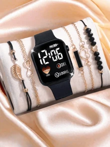 6 Pcs Cute Elegant Ladies Digital Watch Square Simple Digital Watch Best Bracelet Set Ladies Jewelry Set