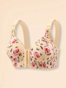 1pc Women's Floral Print Comfortable Front-Closure Adjustable Strap Wireless Racerback Lingerie Bra - Apricot - View 8