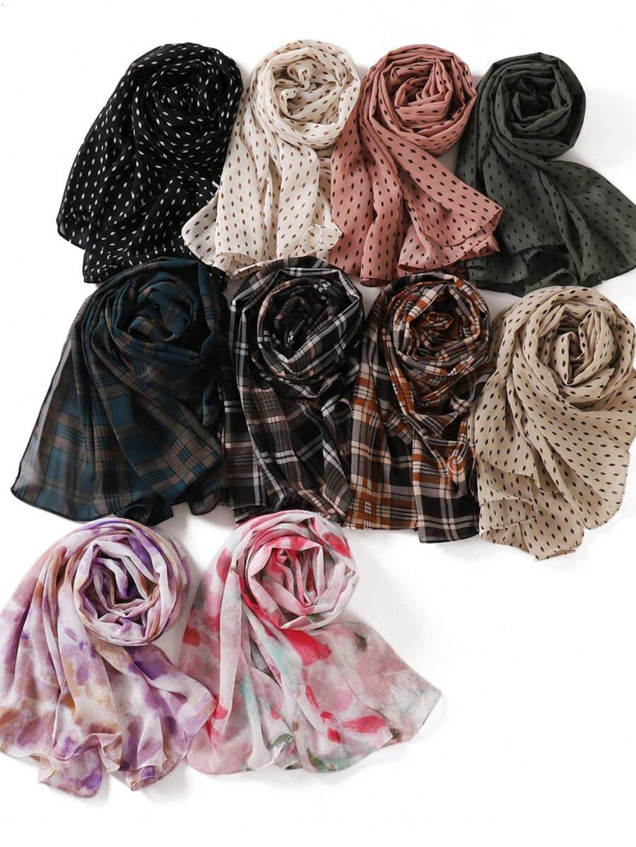 1 件新款格纹和波尔卡圆点印花珍珠雪纺围巾，女式围脖头巾披肩，尺码 201-210