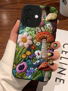 1 件仿刺绣蘑菇和花朵图案印花黑鹰眼手机壳适用于 16 Pro Max/16 Plus/16 Pro/16e 等型号防水防震防摔防刮 - 黑色 - 查看 5