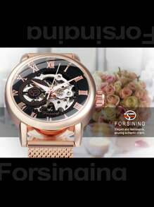 FORSINING 1pc Fashion Rose Gold Mechanical Watches Luminous Hands Mesh Stainless Steel Strap Classic Skeleton Roman Numeral Scale Dial Business Elegant Ladies Watches Top Brand Luxury Christmas Day New Year Birthday Gifts