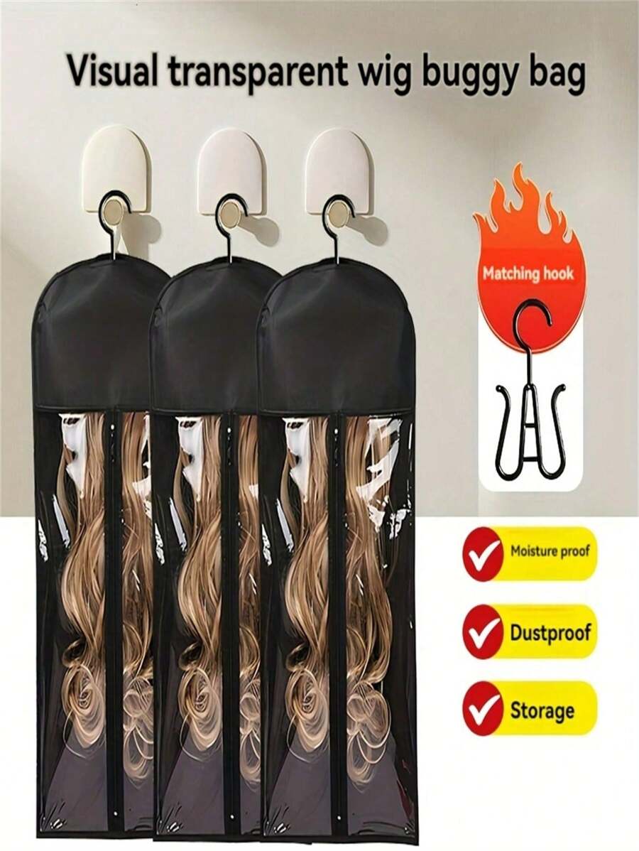 1/3 set Bolsa de almacenamiento de peluca de tela no tejida con gancho y ventana transparente - Bolsa de almacenamiento de peluca a prueba de polvo y portátil para extensiones de cabello y viajes Funda de PVC para almacenamiento de pelucas para colgar - Organizador duradero de pelucas y accesorios múltiples (Halloween, disfraz, fiesta de disfraces, festival, diadema de juego de roles, truco o )