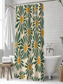1pc Floral Printed Polyester Fabric Bathroom Waterproof Shower Curtain With 12 Hooks, Home Decor Home Bathroom Decor Fall Decor Bathroom Accessories Back To School