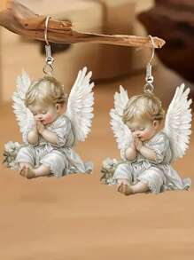 1 对波西米亚风格天使宝宝耳环，采用 2D 亚克力材质，适合日常佩戴，时尚女孩吊坠耳环 - 白色 - 查看 6