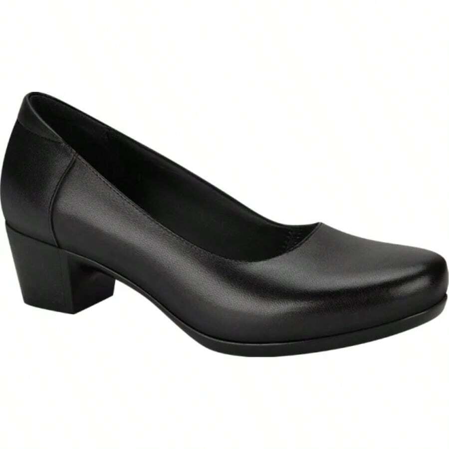 Zapato Zapatilla De Piel Negra, Tacón Bajo Ancho y Horma Redonda, Diseño Cerrado - Negro - Ver 1