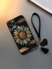1pc Perforated Straight Edge Leopard Flower Pattern Thickened Anti-Drop Painted Phone Case With New Style Leather Heart Phone Lanyard, DIY Leather Tassel Phone Pendant, Short Wristband Accessory,International Version, Not The Domestic Version - Multicolor - View 1