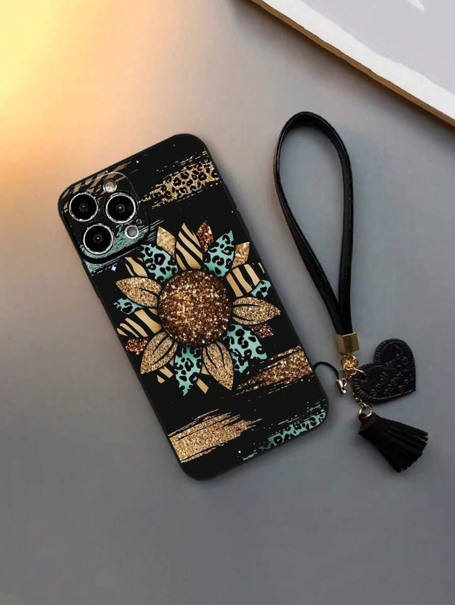 1pc Perforated Straight Edge Leopard Flower Pattern Thickened Anti-Drop Painted Phone Case With New Style Leather Heart Phone Lanyard, DIY Leather Tassel Phone Pendant, Short Wristband Accessory,International Version, Not The Domestic Version - Multicolor - View 1
