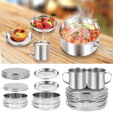 8pc Stainless Steel Cookware Set BBQ Camping Outdoor Hiking Cooking Fry Pan - Silver - View 3