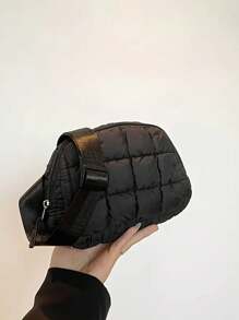 1 件时尚纯色褶皱云斜挎包，轻盈保暖，带衬里，拉链开合，女式绗缝腰肩胸钱包，节日主题，可手洗 - 黑色 - 查看 2