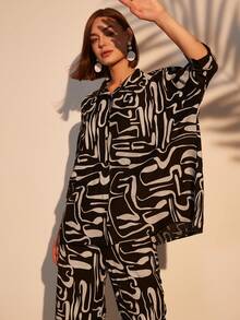 Two Pieces Set Print Vacation Black Shirt & Pants