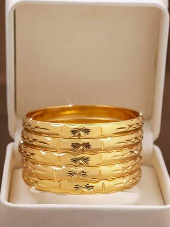 1/3/6pcs 24k Gold-Plated Hand-Carved Palm Tree And Sun Design Bracelets, Suitable For Summer Beach Vacations, Daily Wear, And Gifts, Without Box
