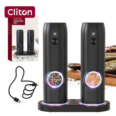 CLITON Electric Salt And Pepper Grinder Set  Rechargeable - No Battery Needed - Automatic Salt Pepper Mill Grinder, Adjustable Coarseness, LED Light, One-Hand Operation For Kitchen BBQ,Electric Salt And Pepper Grinder Set Of 2,Automatic Pepper Mill,USB Type-C Rechargeable,Adjustable Coarseness,One-Handed Operation,Ceramic Burr,Refillable,Auto Grinders With Charging Base LED Light