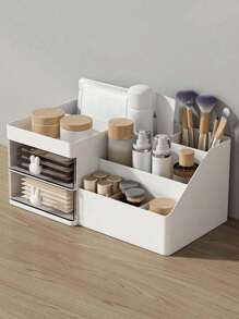 Caja de almacenamiento de maquillaje de gran capacidad con 2 cajones, adecuada para tocador, baño y escritorio de dormitorio, organizador de maquillaje para brochas, sombras de ojos, loción, lápiz labial, esmalte de uñas - Blanco