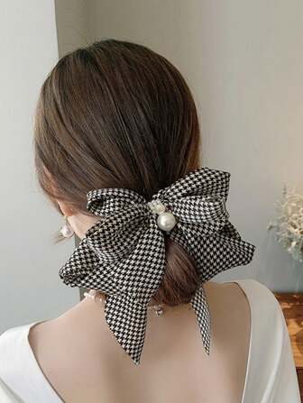 1 pièce Pince à cheveux pour femmes avec nœud perle et motif pied-de-poule, convient pour les sorties, les vacances et le port quotidien