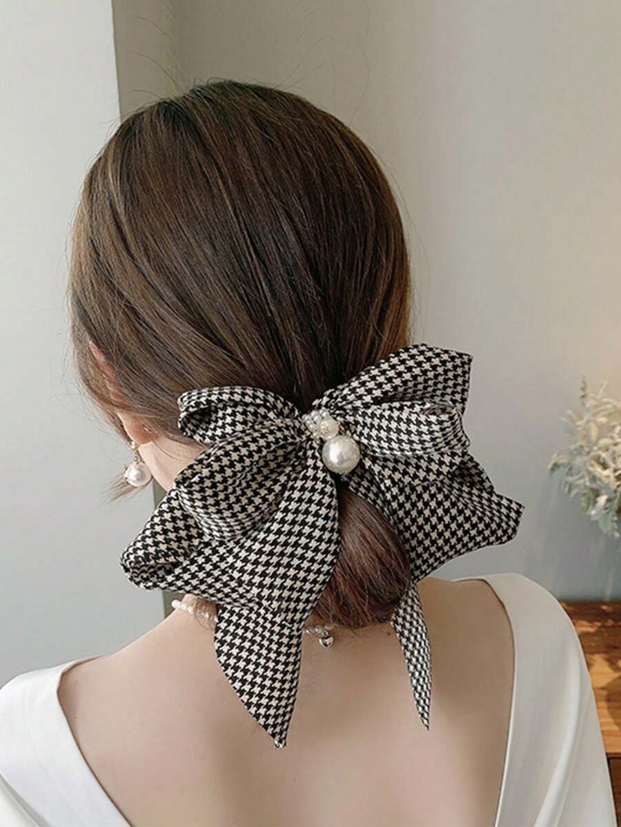 1 Pc Women Houndstooth Pearl Bow Spring Clip, Suitable For Date, Holiday, And Everyday Wear Hair Clips Claw Clips Hair Claws Hair Slide Hair Barrettes, Autumn, School Stuff, Elegant, College, Pearl Hair Accessories