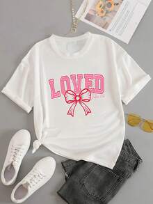 蝴蝶结“LOVE”字母图案印花短袖圆领休闲 T 恤，百搭，适合女性，夏季和春季