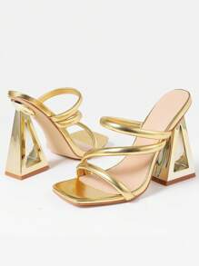 Women's High Heels Square Toe Chunky Mules Sandals Multi-Colored Pyramid Heels With Golden Decorations Glamorous Party High Heels - 金色 - 查看 10
