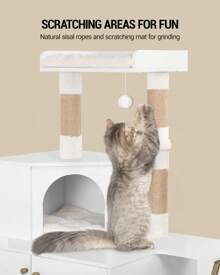 Hzuaneri Maison de Toilette Chat, Maison Moderne 4-en-1 pour Chats avec Grande Plateforme, Abri pour Chat avec Tapis De Grattage, Poteaux, Escaliers Et Pompon, Coussins Lavables