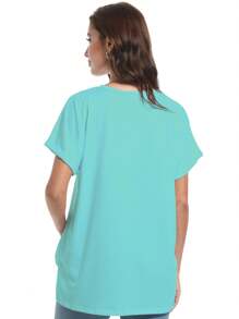 QGEMANWU Women's Casual V-Neck Tunic Top - Loose Fit Summer Short Sleeve T-Shirt - Lake Blue - View 2