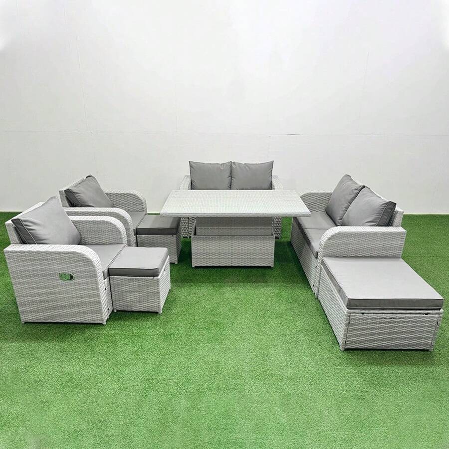Fimous 9 Seater Outdoor Reclining Chair Love Sofa Set Rattan Garden Furniture Set With Adjustable Lifting Dining Or Coffee Table 3 Stools Light Grey - Light Grey - View 1