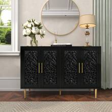 47.8" Accent Cabinet With 4 Doors, Vintage Hollow Carving Buffet Cabinet, Sideboards And Buffets With Storage Credenza For Living Room, Kitchen, Dining Room, Entryway, Hallway - Black - View 3
