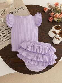 Conjunto infantil feminino 2 peças/conjunto blusa manga curta roxa e calça pantalona com babados, verão - Roxo Malva - Ver 2