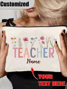 1 pièce Sac de maquillage personnalisé avec lettres d'enseignant et motif floral, sac à crayons avec nom personnalisé. Pochette de rangement de toilette de voyage. Cadeau pour enseignant