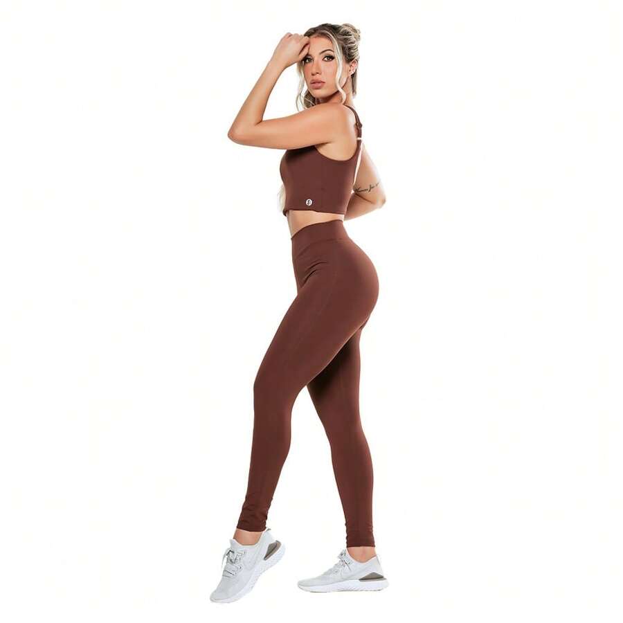 Women's Zero Transparency Set Top + Leggings Polyamide Cold Touch High Compression UV50+ - 鏽棕色 - 查看 1