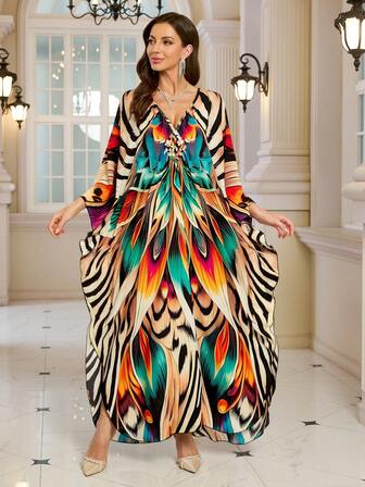 Vestido holgado estilo kaftán con mangas de murciélago y estampado elegante para mujeres, escote en V, vestido de estar por casa en estilo bohemio, modesto