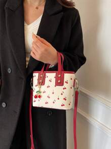 Bolso de mano elegante y lindo con estampado de cereza y dije de cereza, bolso de hombro/bandolera de moda casual adecuado para el uso diario