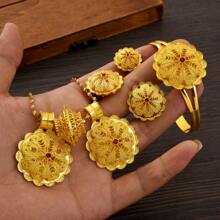 Juego de joyería con diseño geométrico de color dorado - Colgante, aretes, anillo y pulsera con diseño de flor, regalo para damas africanas o de Dubái en bodas y fiestas