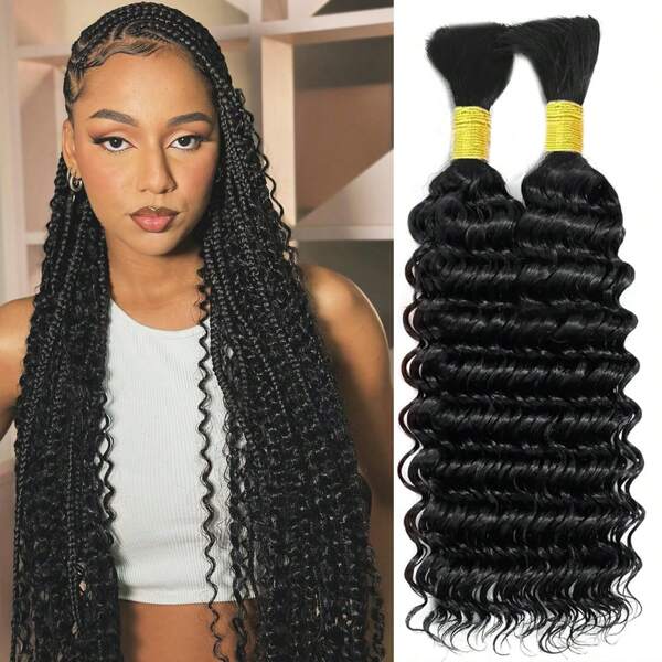 Deep Wave Bulk Cabelo Humano Para Trançar Extensões de Cabelo Humano Virgem Brasileiro Dois Pacotes Micro Trança Cabelo Humano 100g Sem Trama (18 polegadas, Preto Natural)