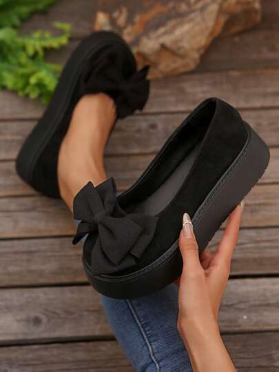 Women's Slip-On Comfortable Black Bow Decoration Round Toe Platform Shoes, Fashionable And Versatile, High-End Sense, Minimalist Design, Mary Jane Shoes, Spring/Summer