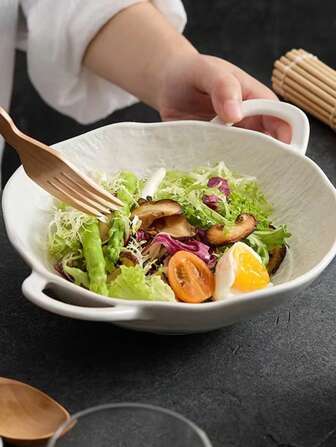 1件装 不对称双耳碗 磨砂 陶瓷 轻食碗 沙拉碗 汤面碗 厨房用品 学生宿舍 家用 酸奶碗 餐具