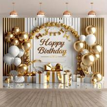 Versatile Happy Birthday Banner With Golden & White Balloons And Big Bow - Perfect For Princess Parties, Bachelorette Celebrations & Photo Backdrops, Background, Photography Decorations