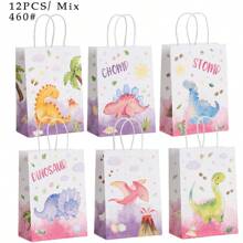 12件海洋动物主题礼品包装袋卡通恐龙印花手提袋派对牛皮纸袋