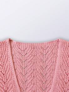 Women's Pink Hollow Out Short Sleeve Knit Cardigan, Lightweight Outwear, Suitable For Beach/Holiday, Summer - Pink - View 6