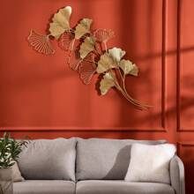 HOMCOM Decorazione Murale 3D in Metallo, Wall Art Dorata con Foglie di Ginkgo 138x70cm