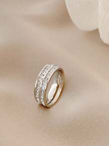 1 件宝石戒指，双排永恒戒指微镶嵌锆石首饰，男女通用结婚戒指，钛钢星空设计奢华情侣戒指，时尚简约永久不褪色不锈钢钛钢戒指男女批发，浪漫可爱简约 INS 风格锆石钻石戒指，个性化时尚宝石戒指 - 銀色 - 查看 2