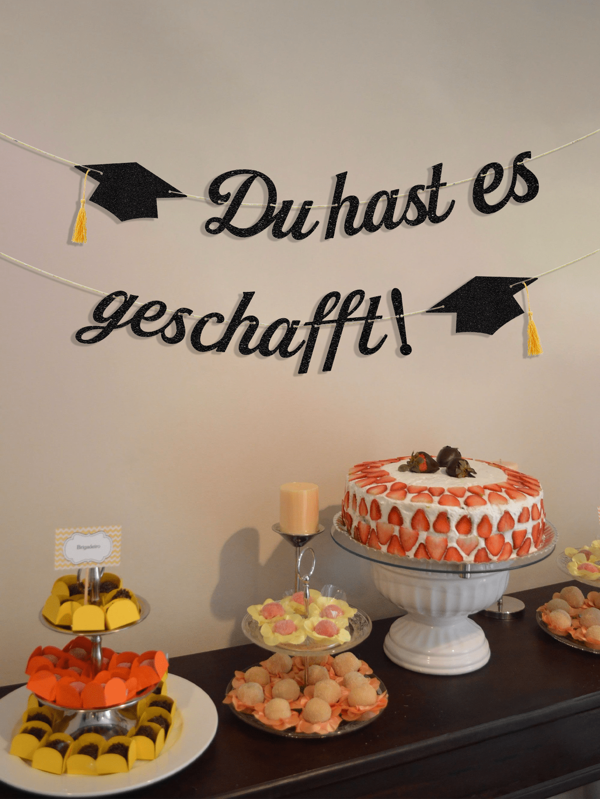 Neue Abschlussfeier Dekoration Glitzer Schwarz und Gold - Du Hast Es Geschafft - mit Absolventenkappe Motiv - Abschlussfeier dekorativer Papierbanner - Hängedekoration für Graduierung, Bachelor und Master