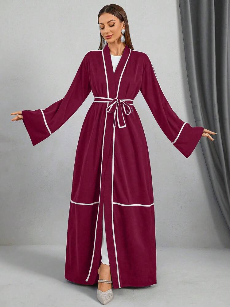 Women's Contrast Color Trim Waist Belt Elegant Long Sleeve Arabian Robe, Vacation Style - Anchor Red - View 4