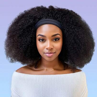 头带式真人假发非洲卷曲真人头发 150% 密度自然黑色机织假发