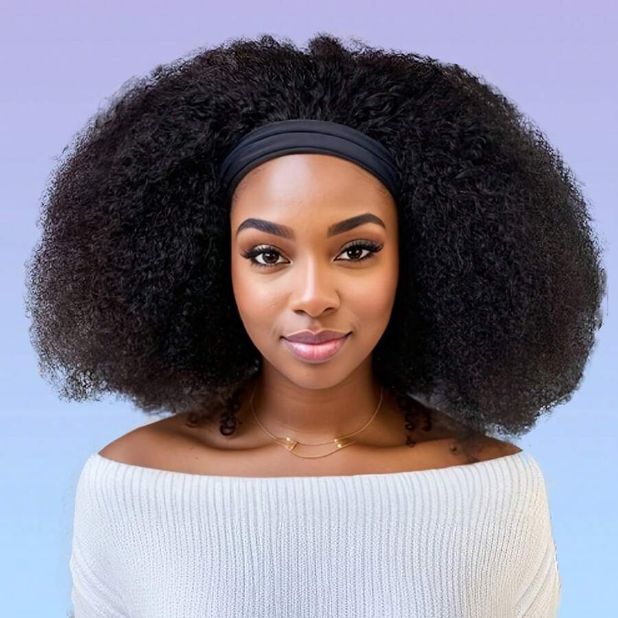 头带式真人假发非洲卷曲真人头发 150% 密度自然黑色机织假发