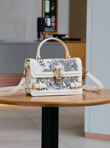 Women's Fashion White Tote Bag With Floral Embroidery In Leather, Square Clasp Closure, Women's Bag 2025 Spring/Summer, Shoulder Strap Crossbody Commuter Handbag