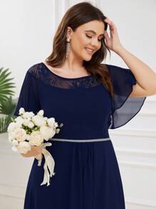 EVERPRETTY Plus Size Women Elegant Lace Patchwork Chiffon Ruffle Sleeve Bridesmaid Dress