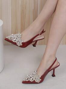 Women's Pointed Toe Pearl Decor High Heel Pump Shoes