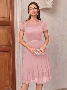 MIUSOL Contrast Floral Lace Chiffon Insert Ruffle Trim Cocktail Party A-Line Dress - Pink - View 5