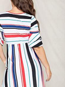 Boho Vintage Royal Blue Coral Pink Yellow Stripe  Tiered Ruffle Trim Midi  Swing Southern Dress | S-3X - Sọc đỏ - Xem 5