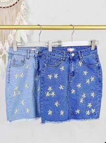 Denim Skirt With Small Flower Print - Blue - View 2