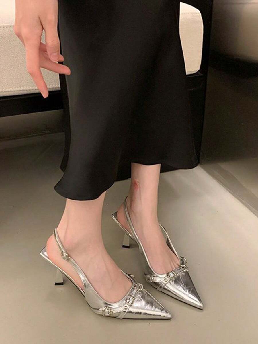 Tacones altos de mujer, tacones altos puntiagudos, tacón abierto, a la moda y versátiles - Plateado - Ver 1